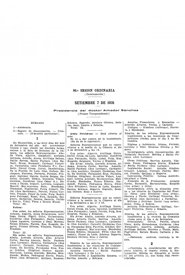 DIARIO DE SESIONES DE LA CAMARA DE REPRESENTANTES del 07/09/1931